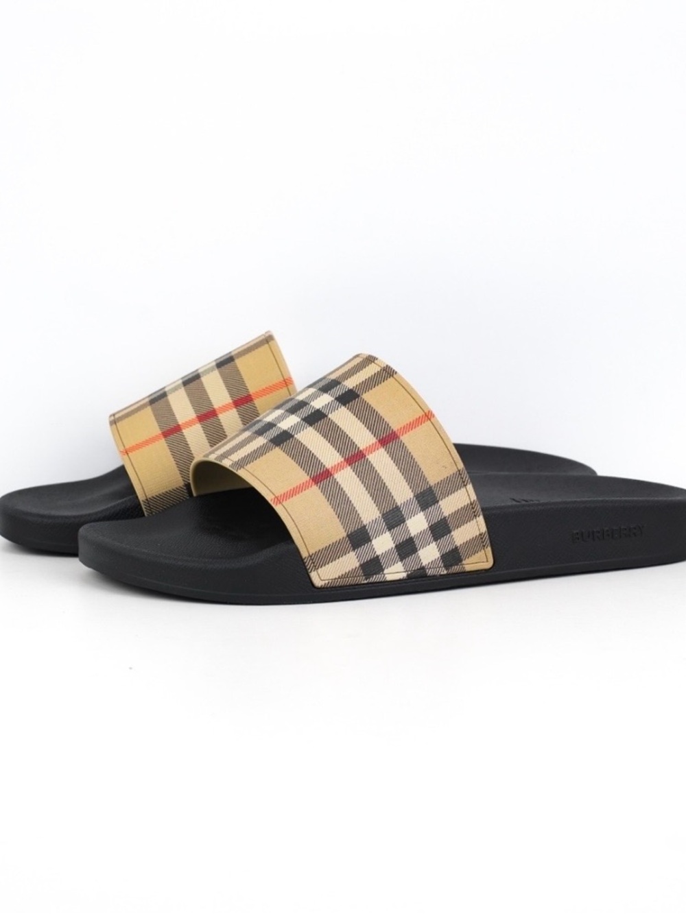 Burberry Black Slide Sandals with Beige Check Strap
